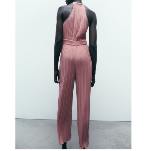 ZARA Medium Jumpsuit Pleated Halter Neck Waistband Wide Leg Trousers Pink - Picture 5 of 6